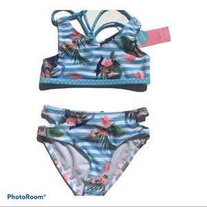 Jantzen NWT Girl’s 2-piece Bikini Blue Striped Floral Size 4 UPF 50+